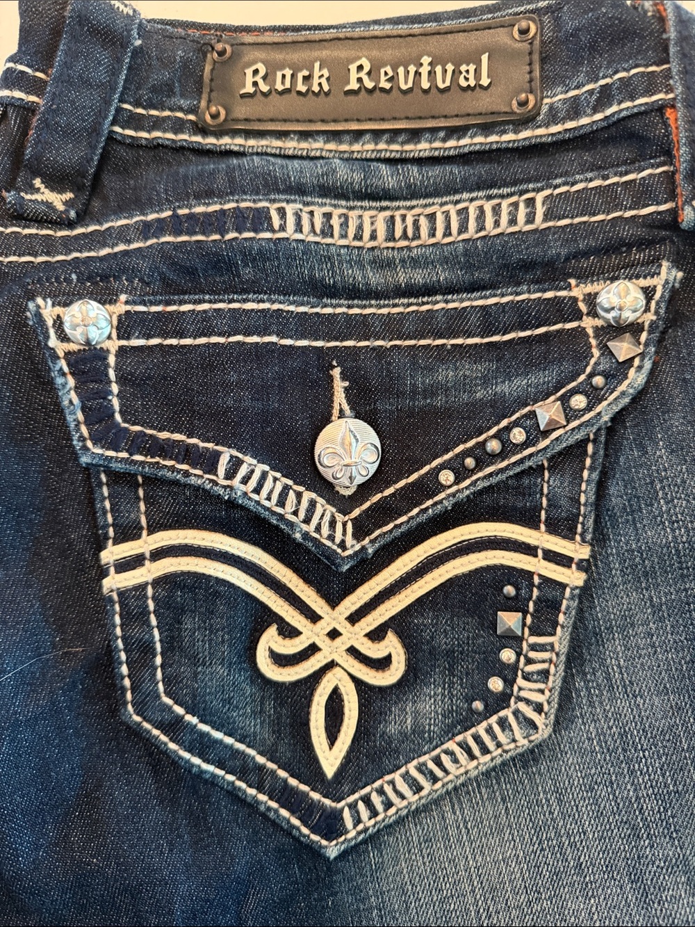 Rock Revival Dark Blue Denim Jeans with Cream Embroidered Pocket
